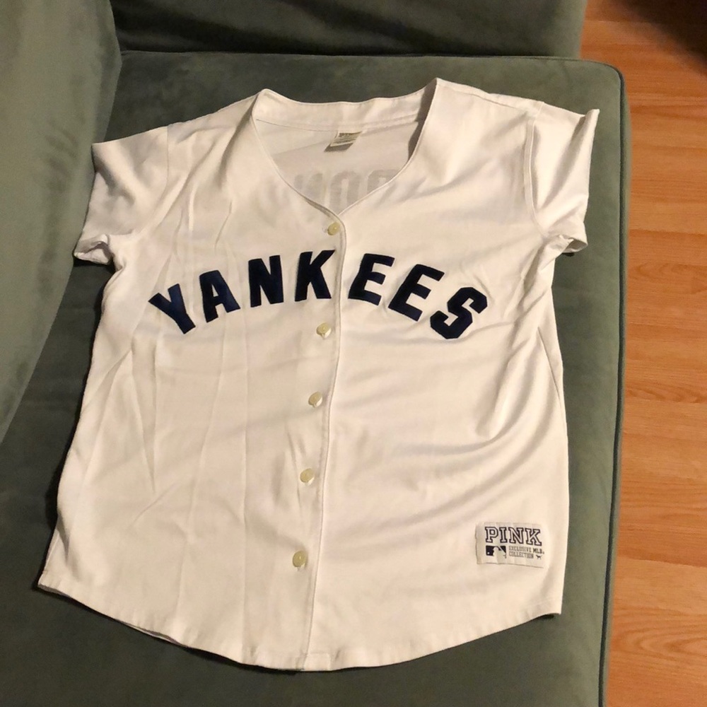Pink Yankees short sleeve button up sports jersey